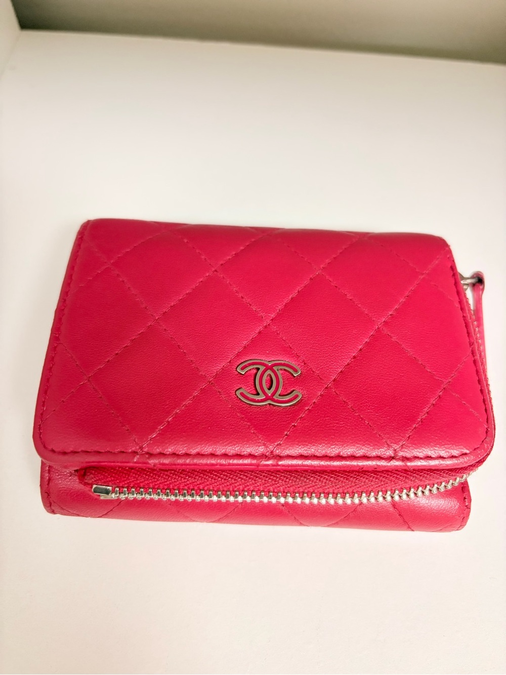 CHANEL Quilted Hot Pink Leather Wallet with Silver CC